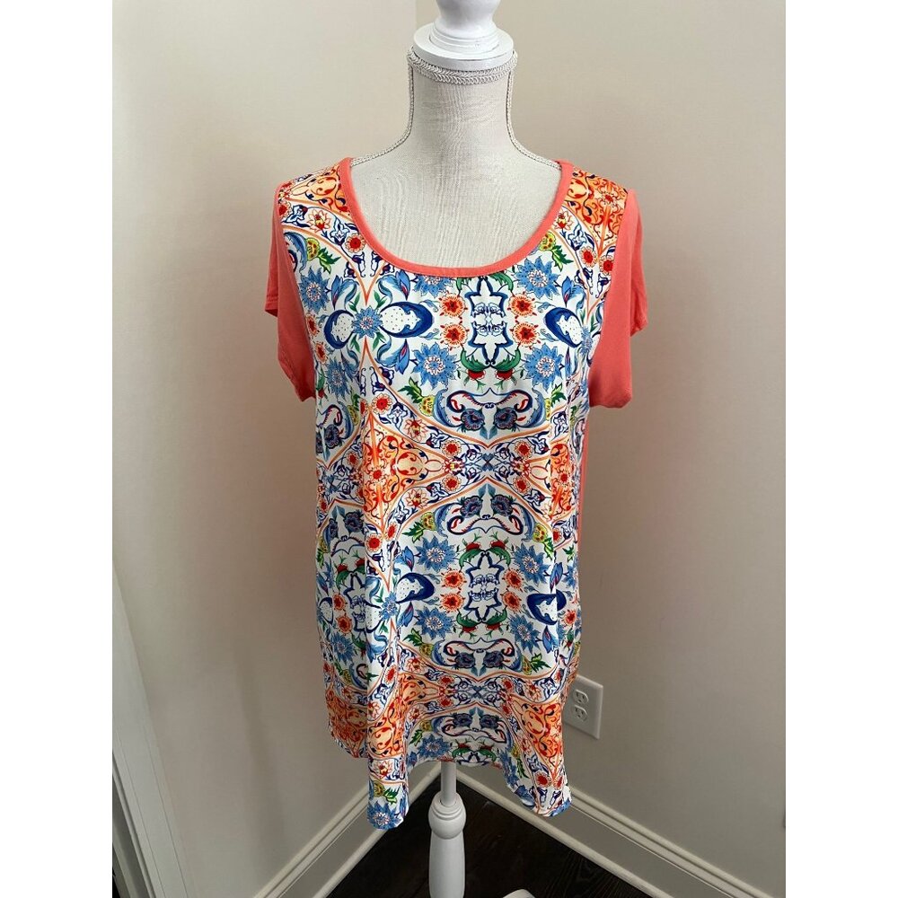 Avanti Floral Print Front Peach Back Short Sleeve Top Size Large